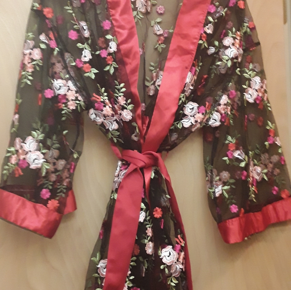 Black Boho Silk Red Embroidered Kimono Wrap Top